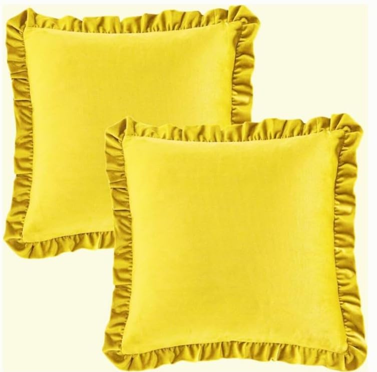 Image of Velvet Yellow 24x24 Pillow Covers, Set of 5 Decorative Ruffle Cushoin Pillow Covers for Sofa Couch