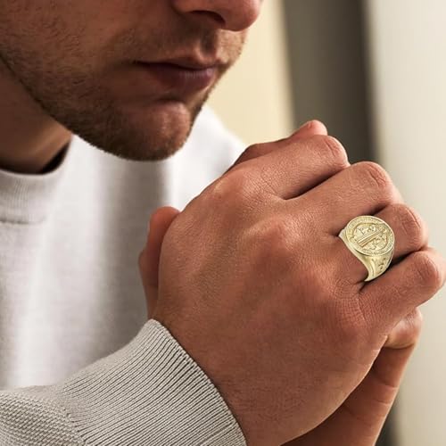MRENITE Personalized 10K 14K 18K Gold Christian Rings for Men Round Pinky Signet Ring Custom Size Engraved Name Religious Exorcism Ring Gift for Father Son4