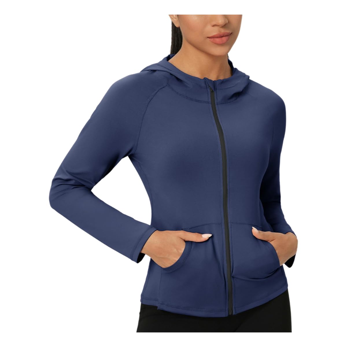 Chaqueta de yoga para mujer con capucha ajustada y cremallera en azul oscuro talla M
