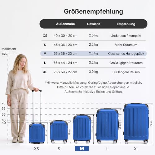 BEIBYE Handgepäck Koffer M 55 cm – Kabinenkoffer aus ABS, leicht, 360° Doppelrollen, Reisekoffer für Kurzreisen, Blau – Ansicht 2