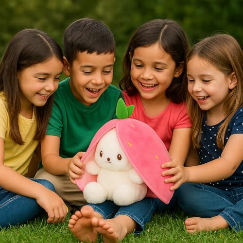 Image of Cute Bunny Plush Toy with Strawberry Hood | Soft Stuffed Animal Toy for Kids | White Rabbit Doll for Gifting & Cuddles 20cm