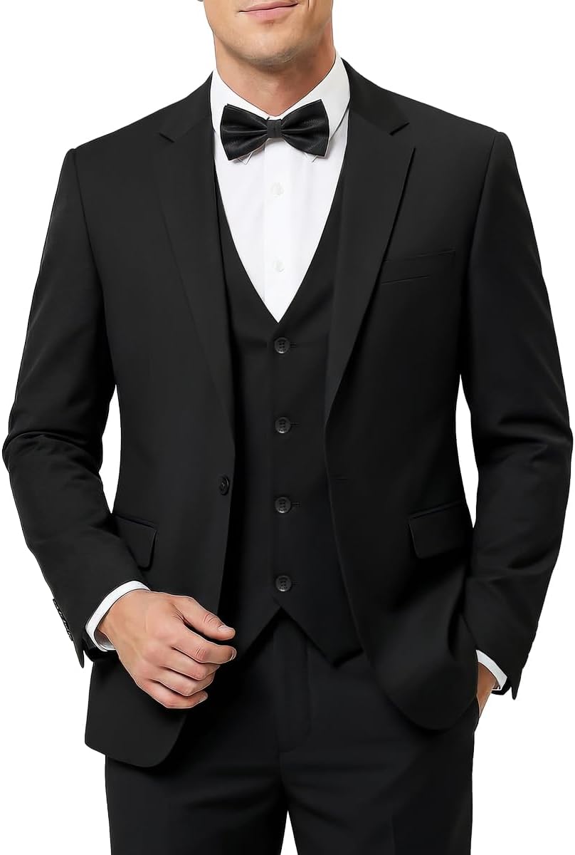 Men's 3-Piece Slim Fit Suit with Bow Tie, Single Button Blazer Vest Pants Set for Wedding Business, Formal Suit for Men