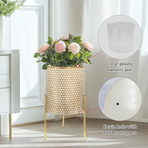 Growsun Plant Pots with Stands, Set of 3 - Indoor Flower Pots with Drain Holes & Rubber Stoppers, Includes Clear Plastic Nursery Pots - Stylish Modern Home Decor for Living Room, Office, and Balcony