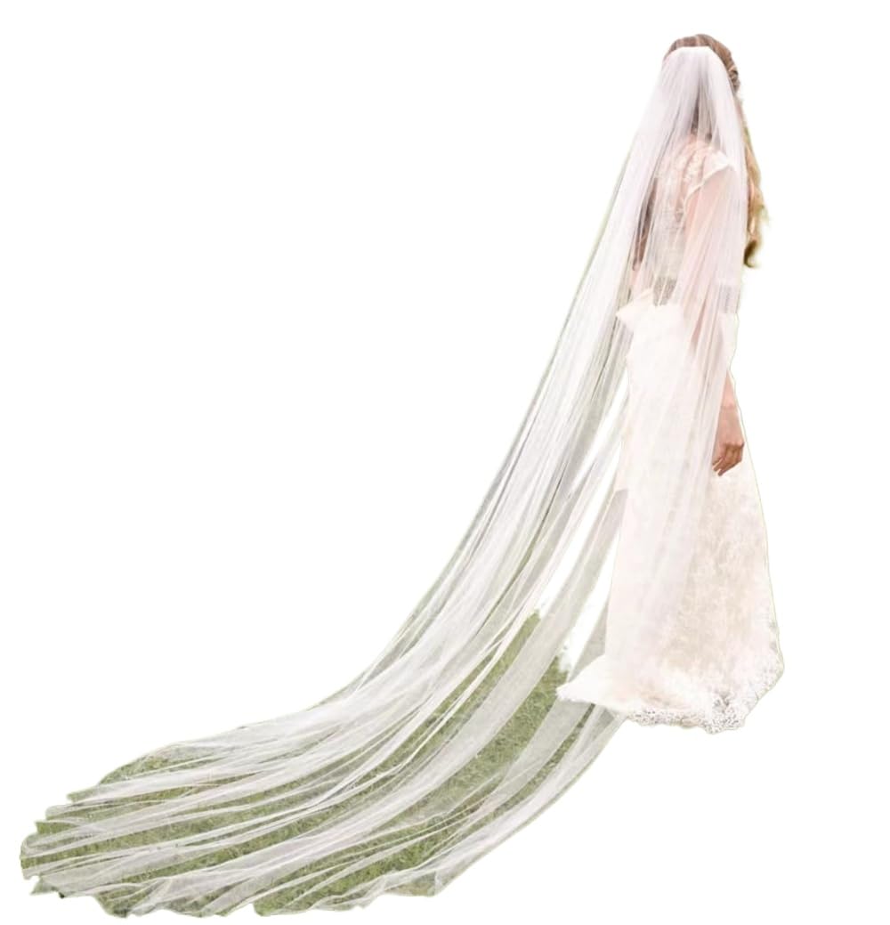 ROMDANTY Elegant Long Wedding Veil, Fingertip to Floor Length Cathedral Veil, Plain Tulle Bridal Veil with Cut Edge, Perfect for Weddings, Special Occasions, and Photoshoots