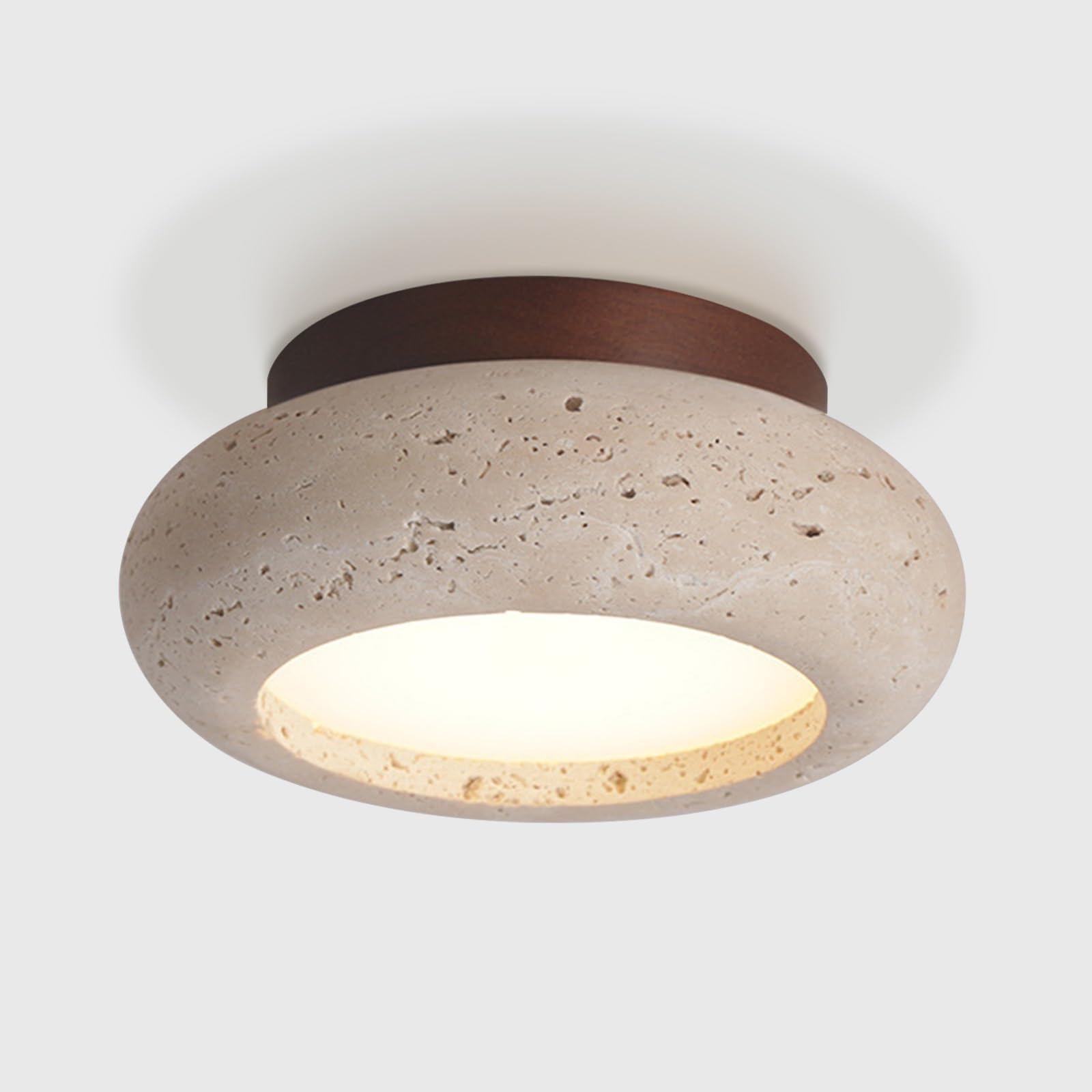Nowoczesna lampa sufitowa LED z naturalnego żółtego trawertynu, białe światło dzienne 6000 K, oświetlenie do montażu podtynkowego, podstawa z litego drewna, okrągła lampa sufitowa 15 cm(Walnut)