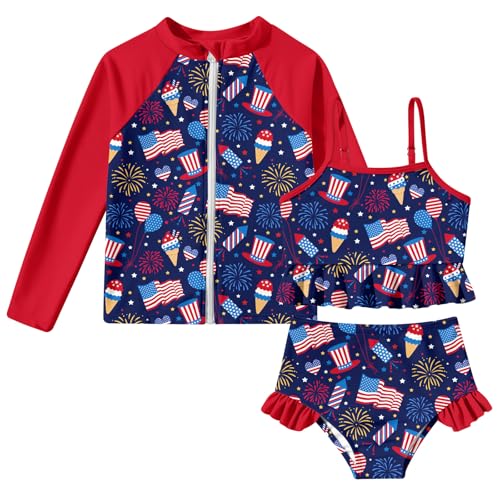 Image of Funnycokid Girls Swimsuit Kids Bathing Suit Rashguard Swimwear Long Sleeve 3 Piece Toddler 3-7 Years