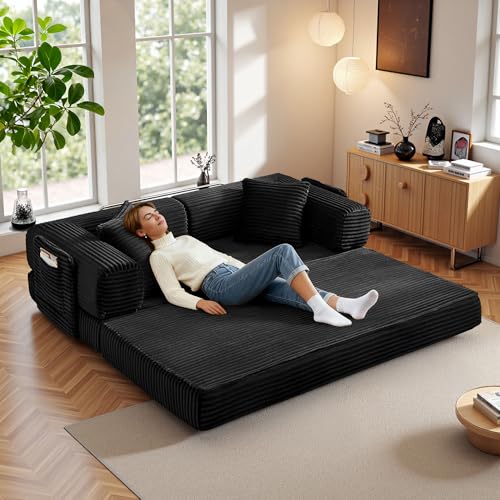 Image of Boneless Couch Futon Sofa Bed Sectional Couches for Living Room,Cloud Couch with Sleeper Sofa,Sofas for Living Room Oversized Corduroy Upholstered (Black, 81 Inches (with Iron Frame))