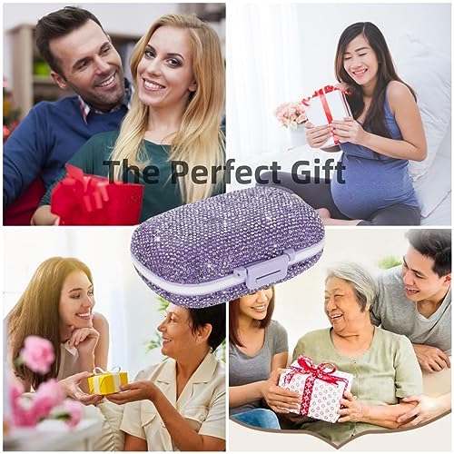 Image of Bling Travel Pill Organizer Cute Pill Box with Labels Rhinestone Pill Case for Purse Portable Daily Pill Container 7 Day Medicine Holder for Vitamin Supplement(Purple)
