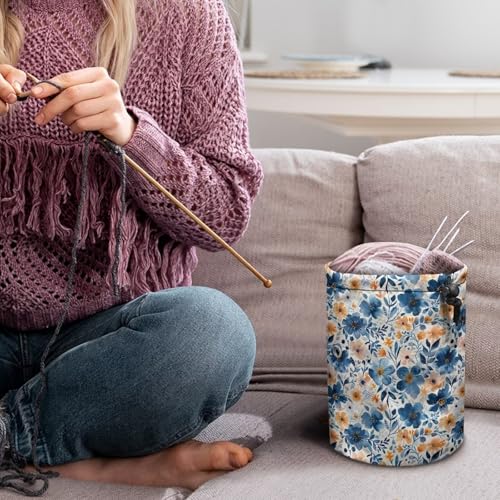 Image of Sellikakes Yarn Bag, Blue Floral Knitting Storage Bag Portable Yarn Holder Crocheting Organizer Store Skein Ball Needles,Sewing Accessories Supplies