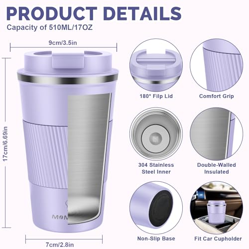 Image of MOMSIV 17oz Travel Mug, Insulated Coffee Cup with Leakproof Lid, Travel Coffee Mug Vacuum Stainless Steel Double Walled Reusable Coffee Cup for Hot and Cold Water Coffee