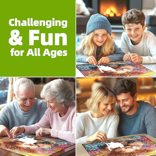 Image of Highland Cow 500 Piece Puzzles for Adults Cute Cow Flower Animal Jigsaw Puzzles 500 Pieces Difficult Unique Family Challenging Puzzle (20 inchx20 inch)
