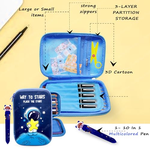 Image of FunBlast Space Pencil Case for Kids, Pencil Pouch with 10 Color in 1 Pen, Pencil case for Boys, Pencil Box for Kids, Return Gifts - Space & Astronaut Theme (Blue)