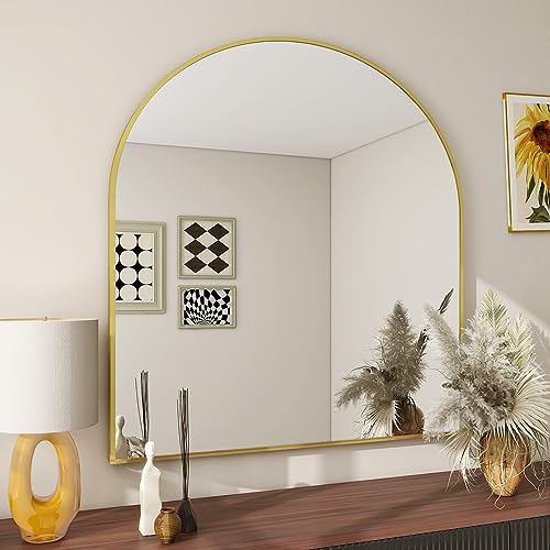 Image of BEAUTYPEAK 32 inchx34 inch Arch Bathroom Mirror, Wall Mounted Vanity Metal Frame Mirror for Bedroom, Entryway, Living Room, Gold