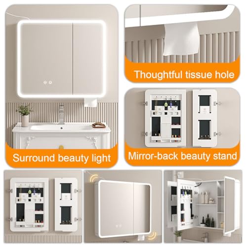 Miroir de courtoisie à LED gris avec meuble de rangement mural