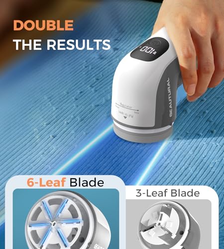 Image of BEAUTURAL Fabric Shaver, Rechargeable Lint Remover, Electric Portable Sweater Defuzzer with 3 Speeds, 6 Leaf Blades, Digital LED Display, Remove Pilling for Clothes, Furniture, Sweater, Couch, Blanket
