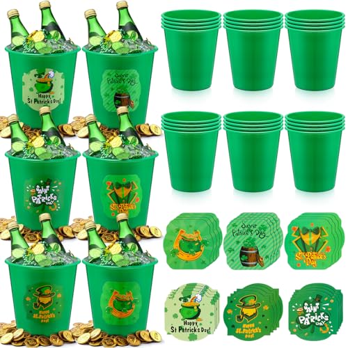 meekoo Paquete de 24 cubos de hielo y calcomanías de plástico para el día de San Patricio, color verde irlandés, cubos de hielo grandes de 3 litros y calcomanías de 3.94 pulgadas para fiesta del día