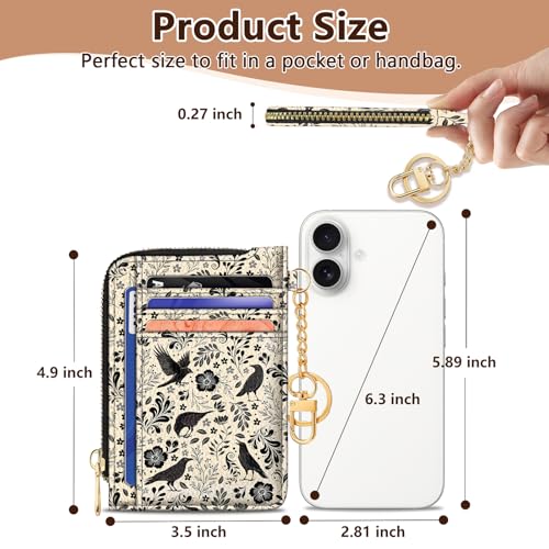 Image of GIANCOMICS Slim Wallet Credit Card Holder Women, Goth Crow Rfid Blocking Small Card Case, Keychain Thin Pocket Curved Zipper Wallet, Travel Card Holder PU Leather ID Window, Ladies Female Gifts