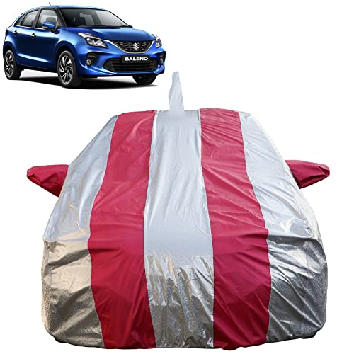 Image of Autofact Waterproof Car Body Cover Compatible with Maruti Baleno (2015 to 2021) with Mirror and Antenna Pockets (Pink Stripes with Shinning Silver Fabric /Waterproof Cover)