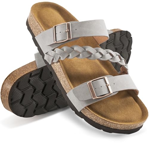 Image of HARENCE Flat Sandals for Women 2026 Comfort Cork Footbed with Adjustable Buckle Summer Slides for Women for Vacation Walking