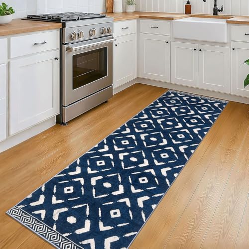 KILOCOCO Kitchen Runner Rug 2x6 Washable Runner Rug Soft Hallway Runners Non Slip Printed Distressed Laundry Room Rugs, Low-Pile Runners for Entryway Bedroom Living Room, Blue
