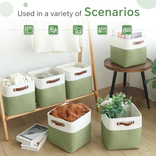 FinishingBo Cube Storage Baskets 6 Pack, 11x11 inch Cube Storage Bins with Leather Handles for Shelf Closet (White/ Green) by FinishingBo - Image 7