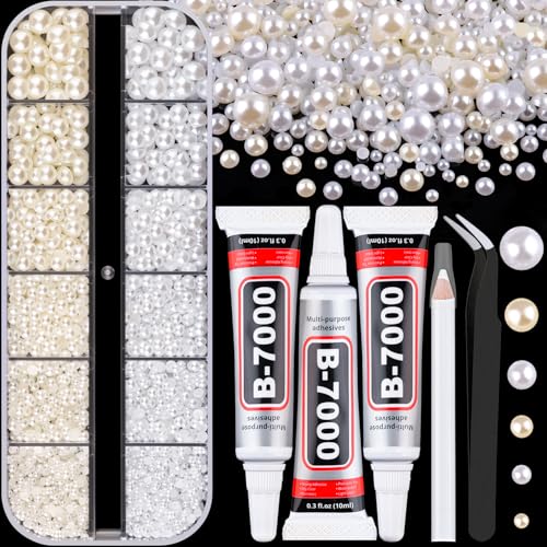 Image of Flatback Pearls for Crafting with 3Pcs 10ml B7000 Jewelry Glue, 1 Box of Half Round White and Beige Pearls, Bedazzling Beads for DIY Crafts Clothing Tumblers Shoes Embellishment Nail Art
