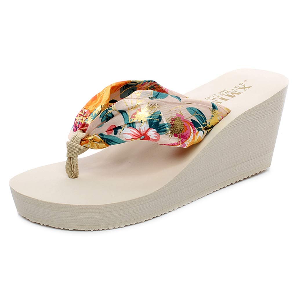 MIOKE Women's Boho Wedge Flip Flops Sandals High Heel Platform Florals Comfy Anti-Slip Summer Beach Thong