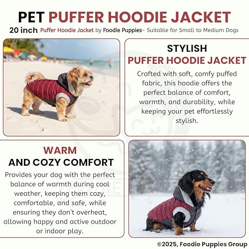 Image of Foodie Puppies Dog Puffer Hoodie Warm Winter Jacket - (Maroon Grey, 20 Inch) for Small to Medium Dogs | Ultra Warm Waterproof & Windproof Fur Coat | Washable Pet Vest Apparel for Cold Weather