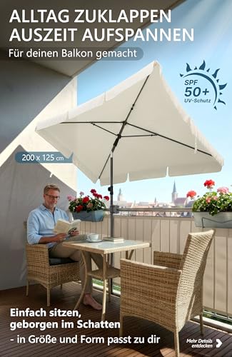4smile Sonnenschirm Balkon 200 × 125 cm, Sonnenschirm rechteckig mit UPF 50+, 45° knickbar & höhenverstellbar, Balkonschirm inkl. Sonnenschirmhülle, Sonnenschutz Balkon in Beige 2
