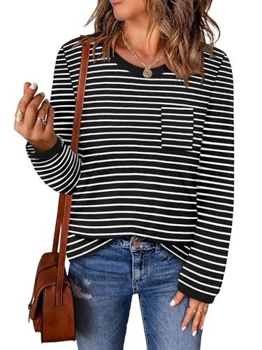 ONLYSHE Women's Casual Striped Long Sleeve Tops Crew Neck Knit Basic Loose Fit T Shirts Fall Fashion Tunic Outfits