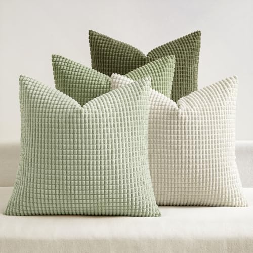MIULEE Modern Farmhouse Decorative Lumbar Pillow Covers 20x20 Inch Set of 4 Natural Rustic Throw Pillows Neutral Warm Soft Corduroy Couch Pillowcases Home Decor for Sofa Living Room Bed Light Green