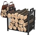 VyGrow Firewood Rack for Indoor Outdoor, Heavy Duty Fire Wood Racks Holder, 17.32" Metal Wood Storage Log Holder with Leather Carrier, Small Firewood Stand for Fireplace Patio Deck, Black