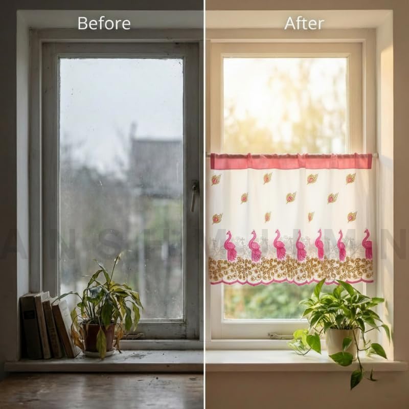 Image of Short Window Curtain for Kitchen, Living Room, Cafe, Restaurant & Home Decor | Elegant Half Window Valance | Length - 24 Inch, Width - 42 Inch (Pink Peacock, Small)