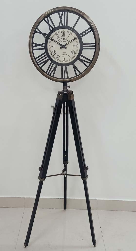 THOR INSTRUMENTS Nautical Maritime Vintage Antique Round Clock Floor Clock with Wooden Tripod Stand Decor Stand Marine Floor Black Stand
