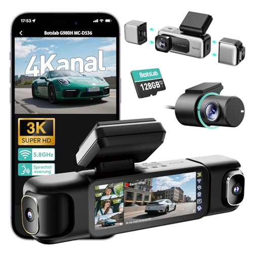 BOTSLAB 4 Kanal Dashcam Auto Vorne Hinten Innen, 4 Channel 3K...