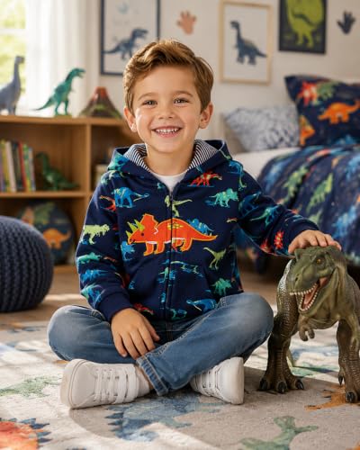 Image of Popshion Boys Toddler Cartoon Dinosaur Hoodies Jacket Cool Long Sleeve Zipper Hooded Sport Sweatshirt Coat for Kids 1-7 Years