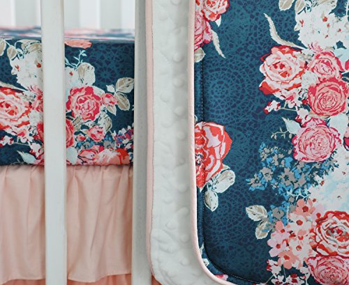 image for Sahaler Coral Navy Floral Baby Crib Bedding Set Minky Blanket Crib Rai