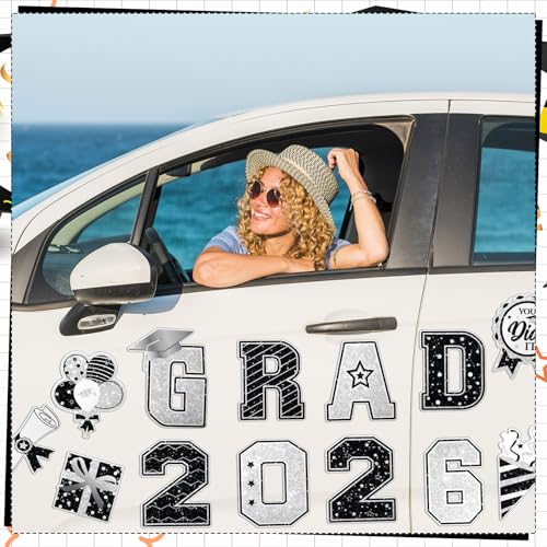 Image of Landhoow 30 Pcs Graduation Car Magnets 2026 Senior Graduation Car Decoration Bumper Sticker Congrats Grad Magnet Magnetic Refrigerator Decal for Grad Parade Party Supplies(Black, Silver)