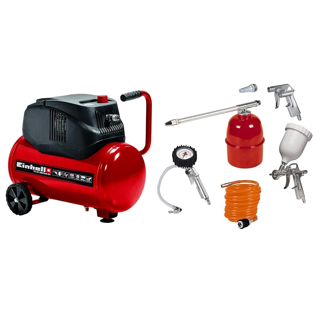 Einhell Tc-Ac 200/24/8 Compressore D'Aria 220-240 V, 50 Hz, 1200 W, 24 Litri & Originale Set 5 accessori per compressore (pistola gomme con manometro, pistola corta, ugello fine
