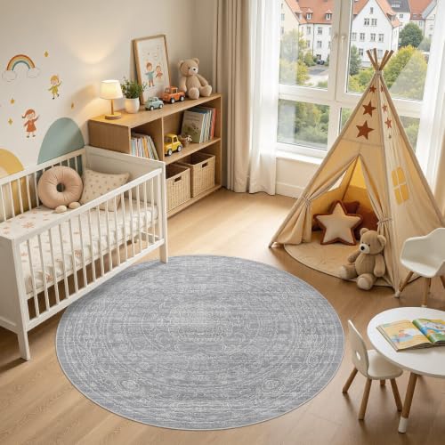 DMOYEST Teppich Rund 150 cm Grau Vintage Waschbar – Ansicht 7