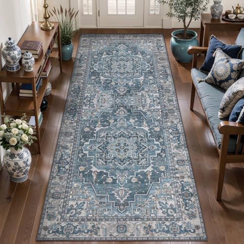 Image of Tangsoo 2x5 Washable Runner Rugs for Hallway, Vintage Non Slip Runner Blue