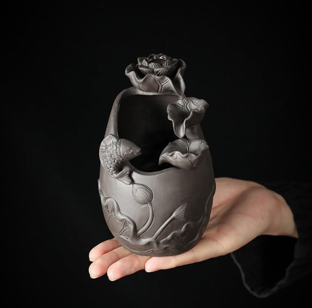 Purple Sand Backflow Incense Burner Koi Carp Decoration Handmade Smoke Incense Holder Aromatherapy,Meditation,Living Room Office Decor (A)