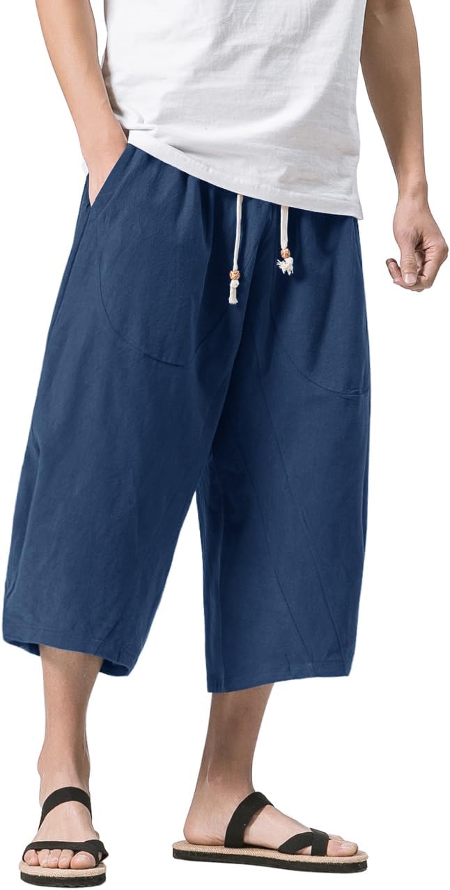 MAGNIVIT Men's Linen Cotton Capri Pants Loose Fit Elastic Waist Wide Leg Baggy Harem Pants