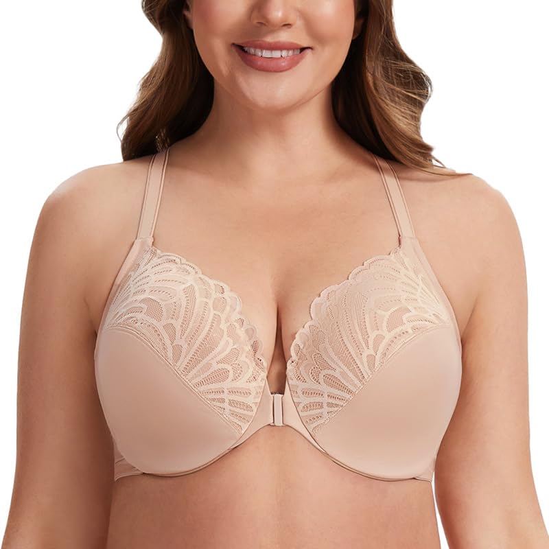 MELENECA Sujetador con Aros de Cobertura Completa para Mujer, con Cierre Frontal, Encaje, sin Forro, Talla Grande
