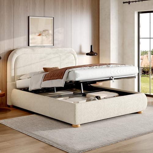 SACOOL Lit capitonné, lit double,140x190cm,sommier à Lattes, tête de rembourrée, Tissu bouclé beige, réglable hydrauliquement, Avec Grand Espace de Rangement et tête rembourrée.