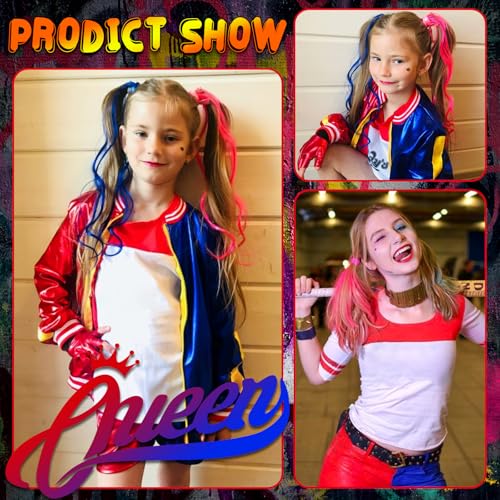 DUOLAM Quinn Cosplay Costumes Kids: Girls Villain Clown Costume Kit Includes Jacket, T-Shirt, Shorts, Inflatable Baseball Bat, Tattoo Stickers and Glove for Halloween Carnival (120) - Image 4