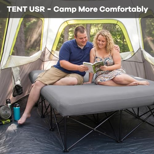 Image of FUNDANGO Queen Camping Cot with Electric Pump, Inflatable Air Mattress Bed with Removable & Washable Cover, Folding Frame, Cup Holders, Carry Bag for Adults, Tent, Guest (80 inchx60 inch)