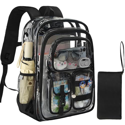 Image of Clear Backpack, 17 inch Extra Large Transparent Backpacks with Accessories & Privacy Pouch, Cold-resistant Plastic Backpack for Teen Kids Adults, Black
