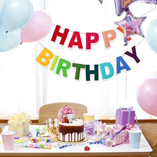 Image of Mindsoft Felt Happy Birthday Garland Rainbow Banner Reusable Happy Birthday Sign Party Supply for Party Decor(Rainbow Color,Normal)