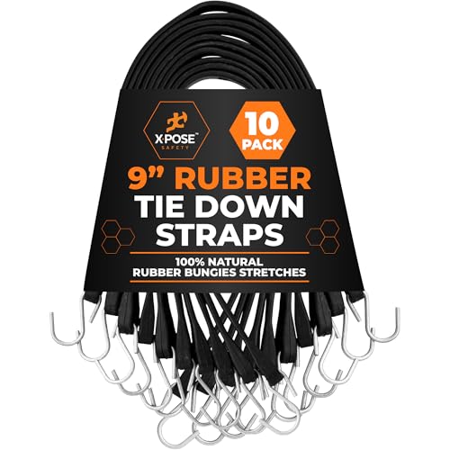 Rubber Bungee Cords with Hooks 10 Pack 9 Inch (14” Max Stretch) Heavy-Duty Black Tie Down Straps for Outdoor, Tarp Covers, Canvas Canopies, Motorcycle, and Cargo - by Xpose Safety